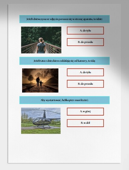 W prawo, w lewo, w górę, w dół, do przodu, do tyłu. Karta pracy. Sprawdzian.