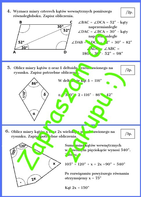 Własności wielokątów oraz kąty w wielokątach - kartkówka lub karta pracy z rozwiązaniem
