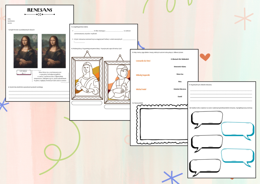 Karta pracy Renesans – sztuka i kreatywne zadania dla klasy 6 (4 strony, 8 ćwiczeń), lekcja historii