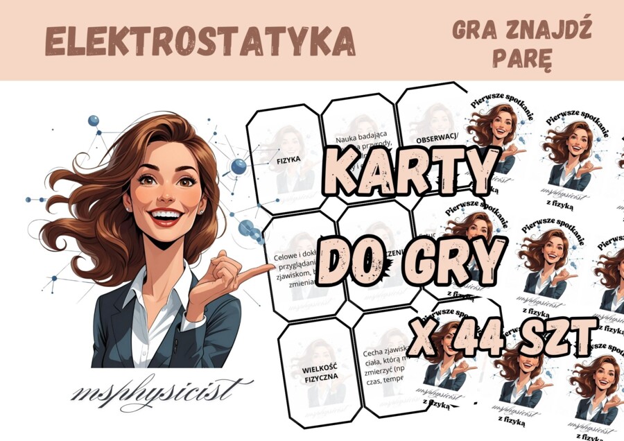 POWTÓRZENIE: ELEKTROSTATYKA – klasa 8 – lekcja powtórzeniowa – GRA dydaktyczna. Memory. Memo. ZNAJDŹ PARĘ! CZARNY PIOTRUŚ. MOC powtórki.