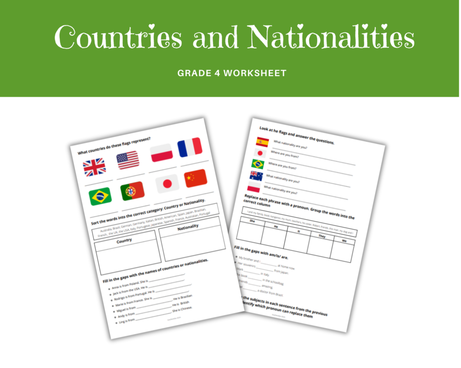 Countries and Nationalities Worksheet - Pańśtwa i Narodowości, 2 katy pracy, język angielski, dodatkowo czasownik "to be" w zdaniach twierdzących i zaimki osobowe
