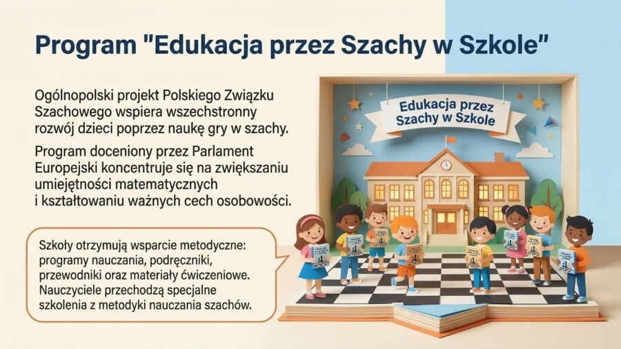 Edukacja przez szachy w szkole – prezentacja PDF (15 slajdów), rozwój myślenia, koncentracji i matematyki