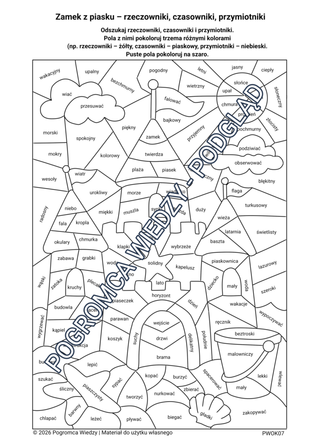 Zamek z piasku -  części mowy (rzeczowniki, czasowniki, przymiotniki)