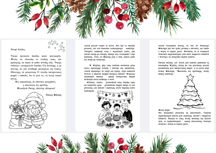 Świąteczna bajka terapeutyczna z morałem "List do Świętego Mikołaja", 9 stron do kolorowania, rewalidacja.