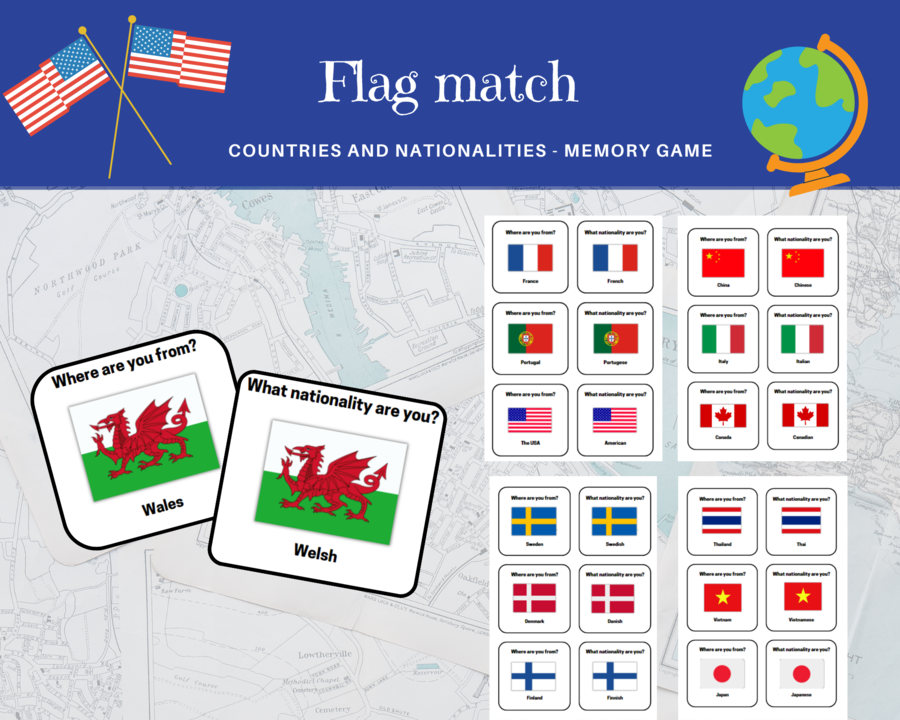 Flag Match: Countries & Nationalities - Memory game- Państwa, Narodowości, Flagi Gra Memory, język angielski, klasa 4, 5, 6