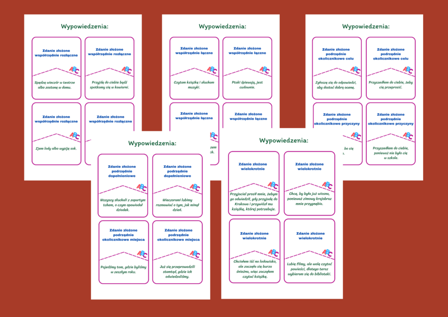 WYPOWIEDZENIA złożone - zdania - fiszki - klasa 7 - 8 - egzamin - składnia - 44 szt.