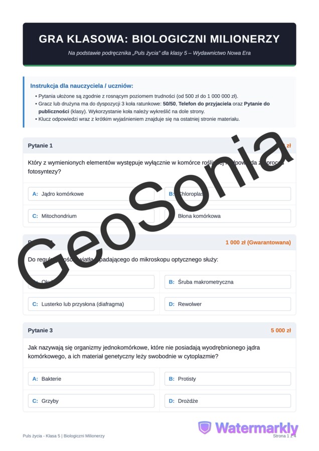Gra Milionerzy biologia klasa 5