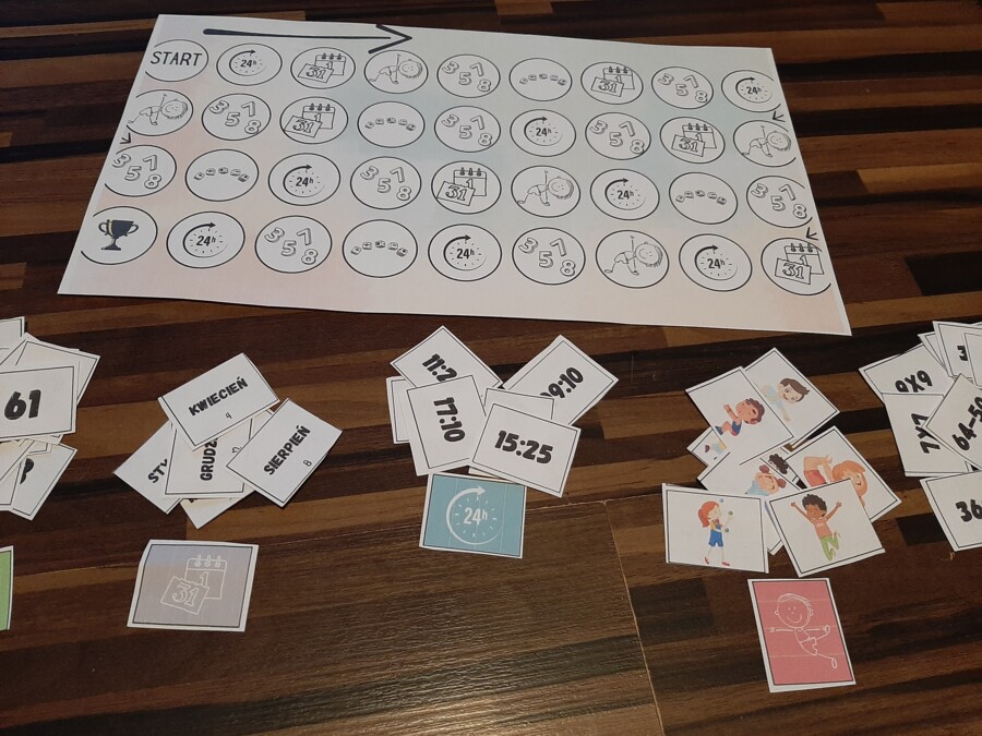 Uniwersalna gra planszowa / stacje zadaniowe z wykorzystaniem zadań z matematyki - ćwiczenie liczebników, określania godzin, działań matematycznych - języki obce, klasy 1-6