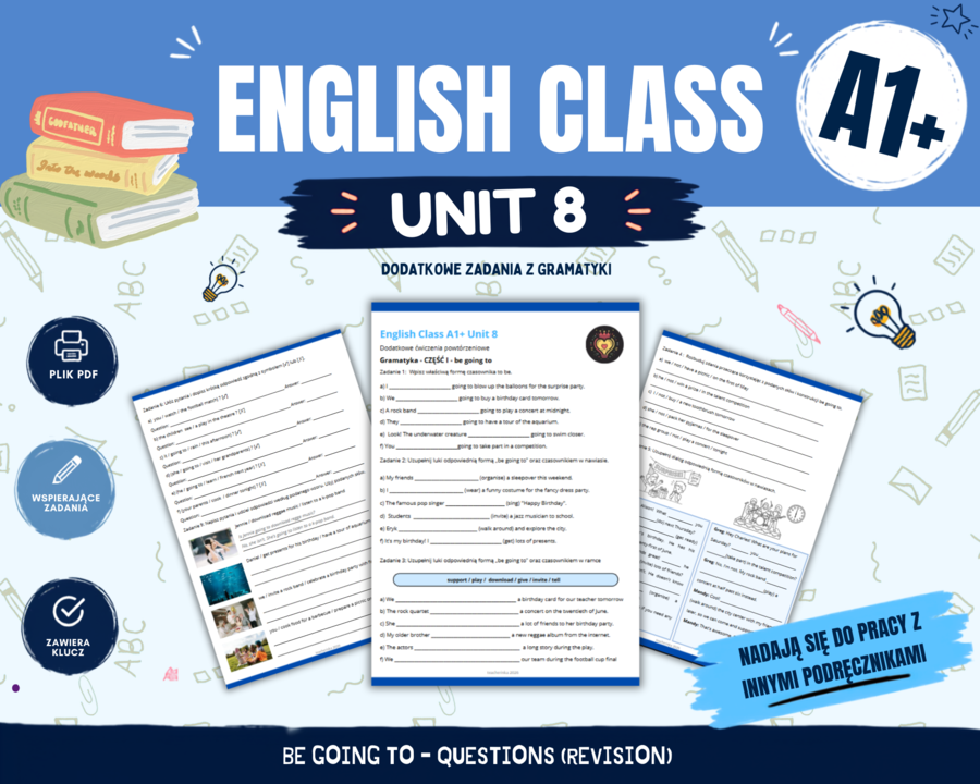 Gramatyka klasa 5: be going to + powtórzenie pytań na podstawie English Class A1 Plus Unit 8