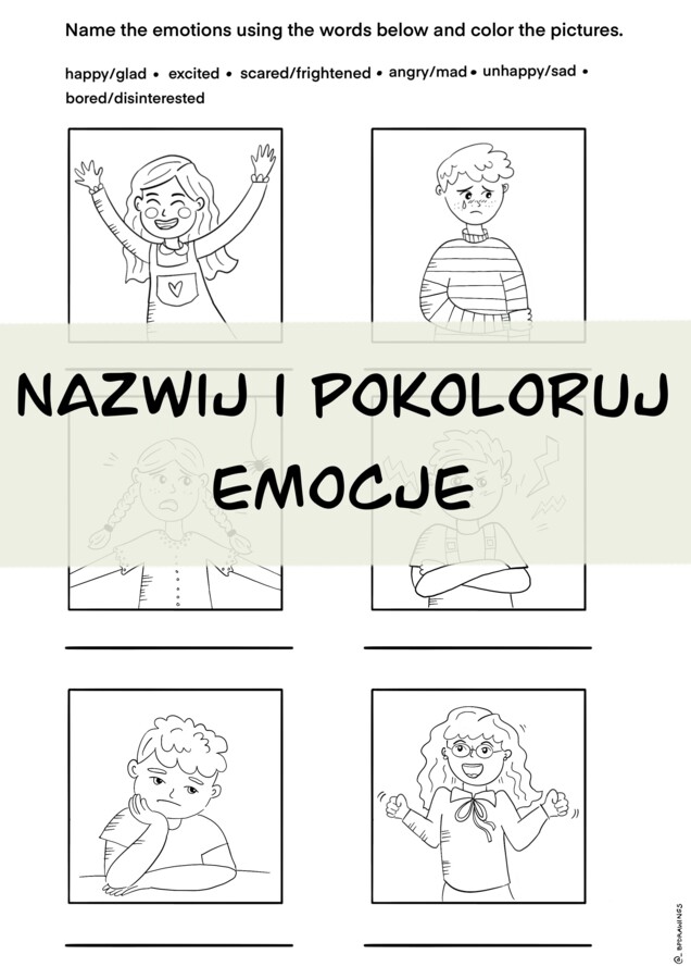 Lekcja o emocjach. Słownictwo i nazywanie emocji, uzupełnianie zdań, kolorowanka.