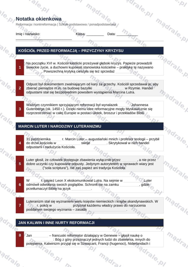 Notatka okienkowa „Reformacja i kontrreformacja” + klucz odpowiedzi