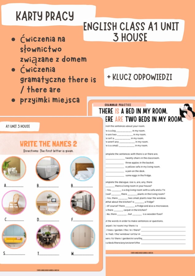 Karty pracy English Class A1 unit 3 House, ćwiczenia there is/ there are, słownictwo związane z domem, przyimki miejsca