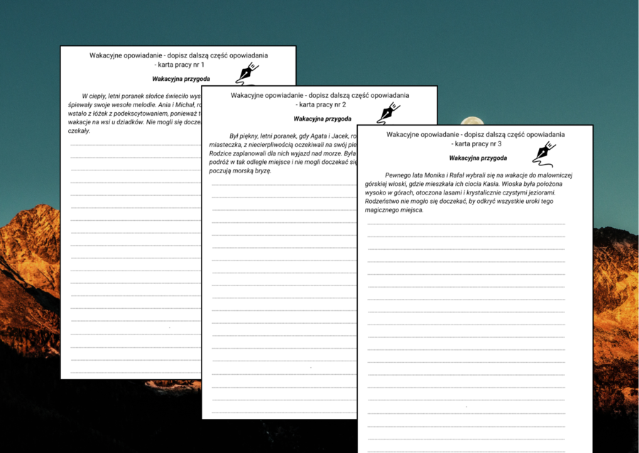 Wakacyjna przygoda - OPOWIADANIE – karta pracy – ćwiczenia redakcyjne – wakacje – lato - 3 wersje