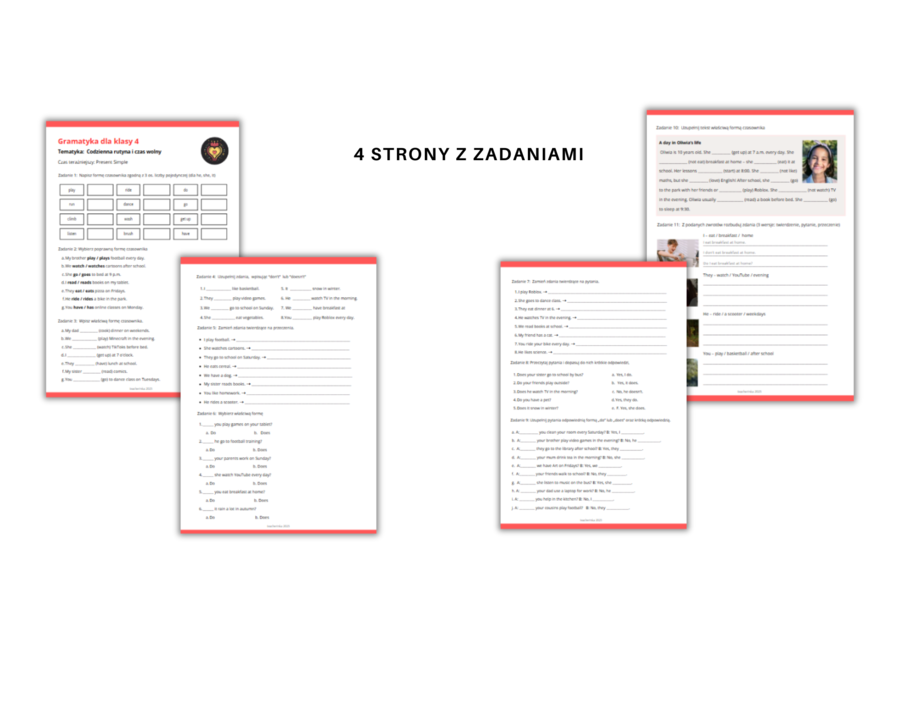 Gramatyka angielski klasa 4: Czas teraźniejszy Present Simple - ćwiczenia, karty pracy Zdania twierdzące, przeczenia, pytania i krótkie odpowiedzii