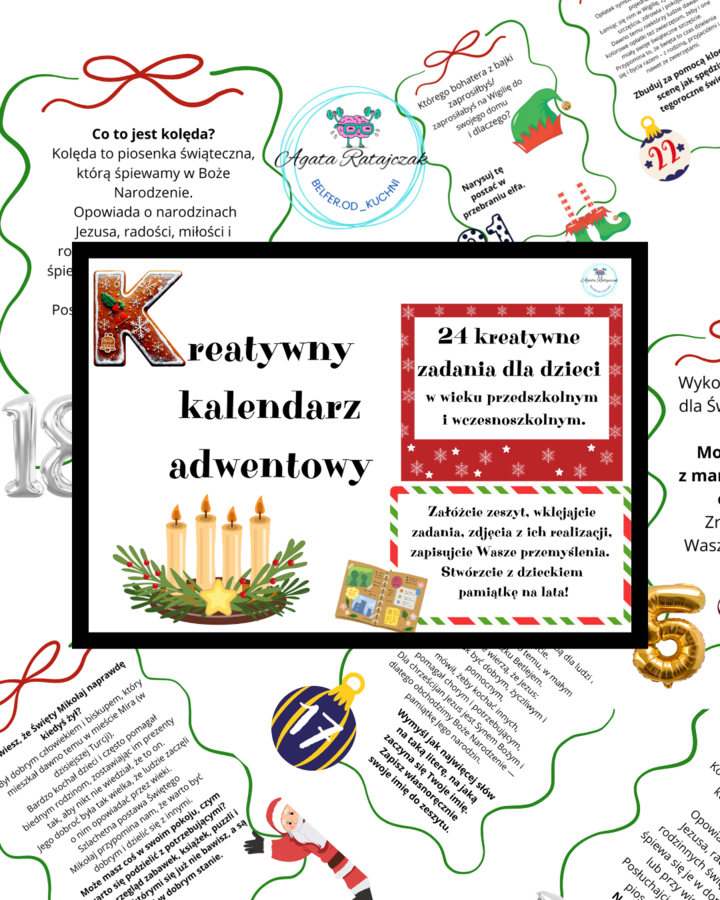 KREATYWNY KALENDARZ ADWENTOWY DLA DZIECKA, 5-10 lat, zadania, ciekawostki, zadanie domowe, czas dla całej rodziny, 24 karty