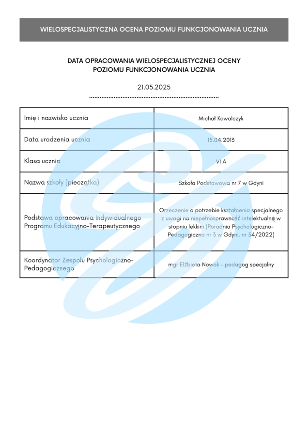 WOPFU – przykład dla ucznia z niepełnosprawnością intelektualną w stopniu lekkim (klasa 6)