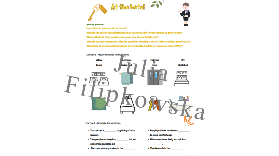 Zestaw zadań/ karta pracy/ zadania/ mówienie/ słownictwo/ Liceum / Dorośli / At the hotel / Hotel/ W hotelu/ Praktyczne/ Gotowa lekcja