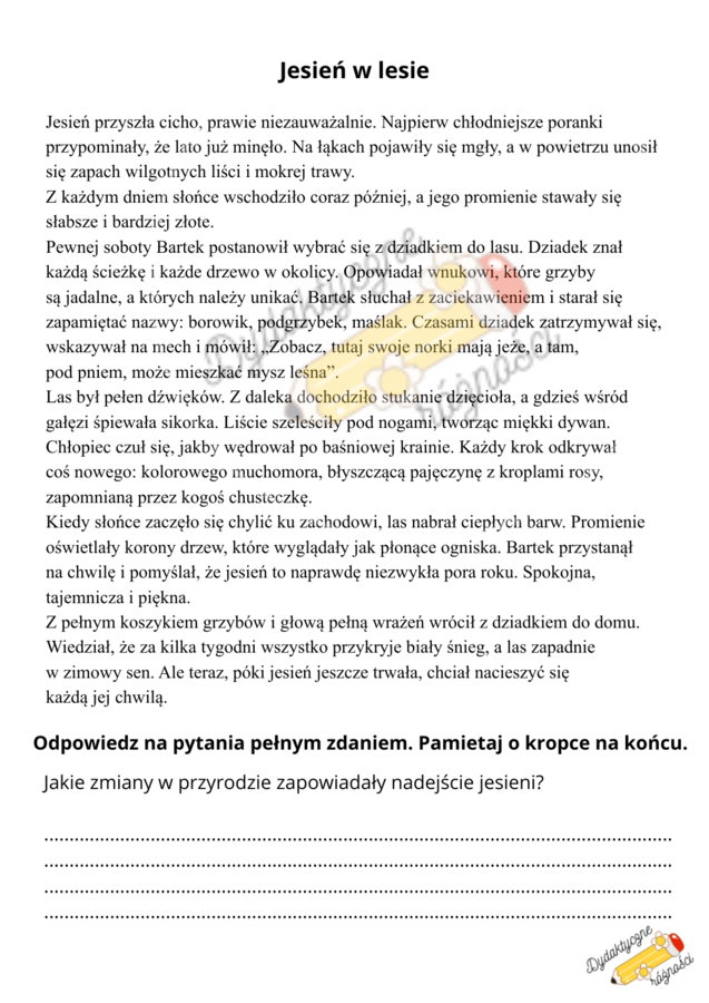 Czytanie ze zrozumieniem klasa 4-6. Tekst + 6 pytań.
