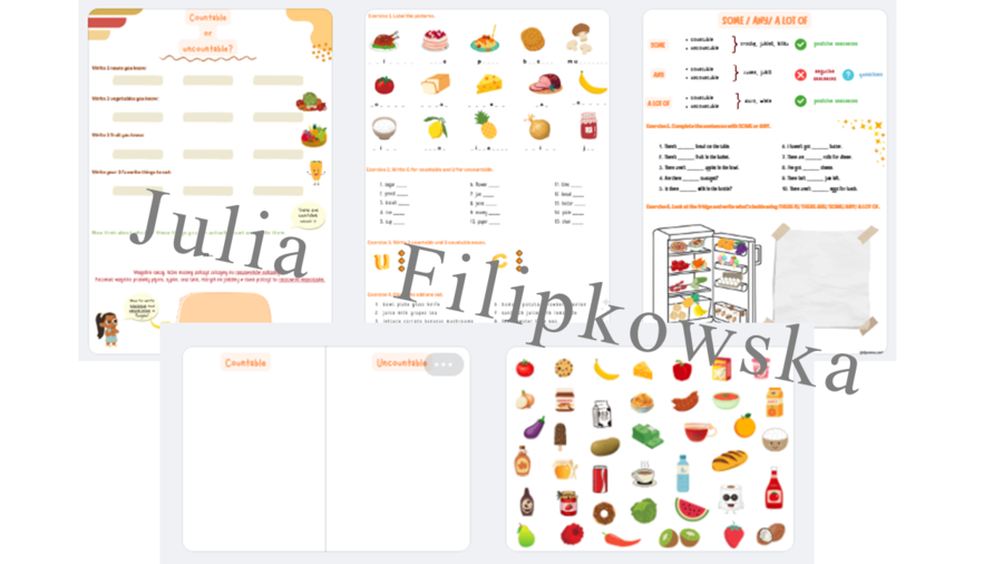 Rzeczowniki policzalne i niepoliczalne / Countable and uncountable nouns / Some / Any / A lot of / Brainy 4 Unit 6 / Jedzenie / Worksheet/ Zestaw zadań/ Teoria i Praktyka/ Teoria/ Theory/ Zadania/ Pakiet/ Karta pracy/ Gramatyka/ Grammar/ English Grammar/