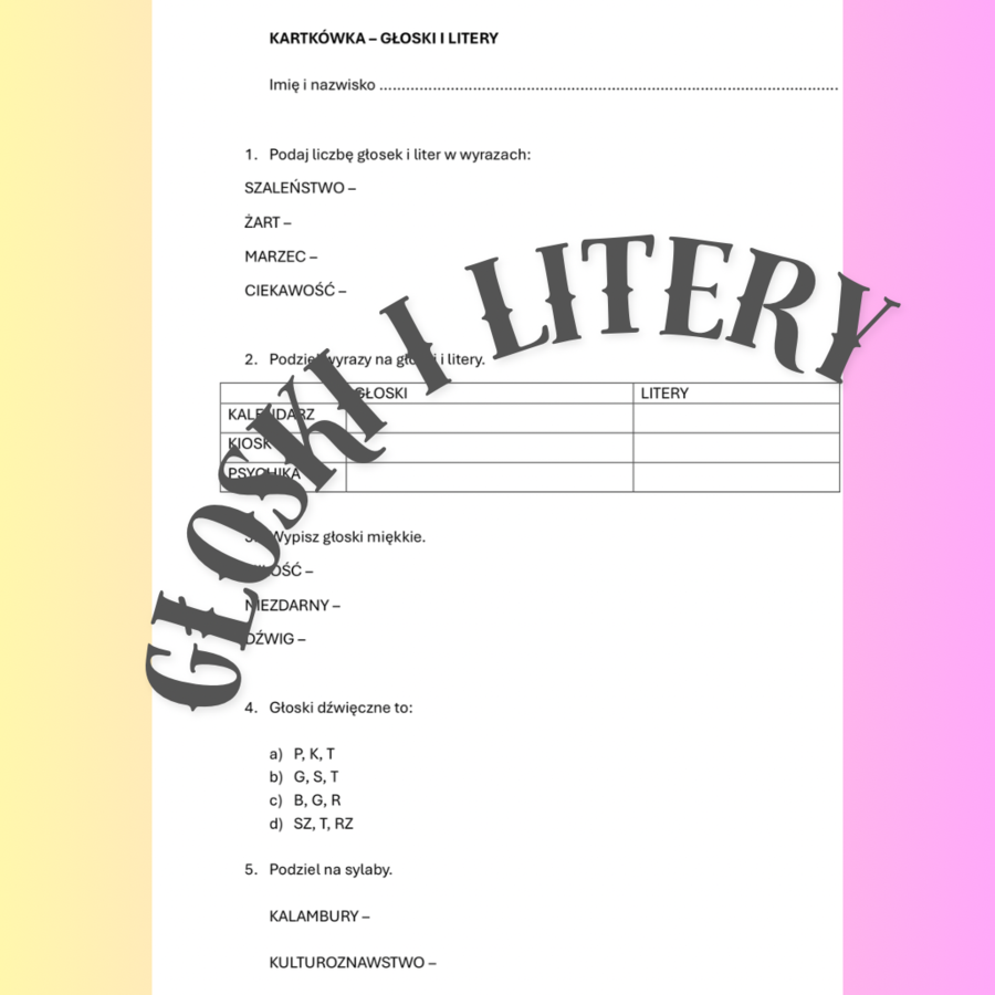 Głoski i litery kartkówka klasa 5