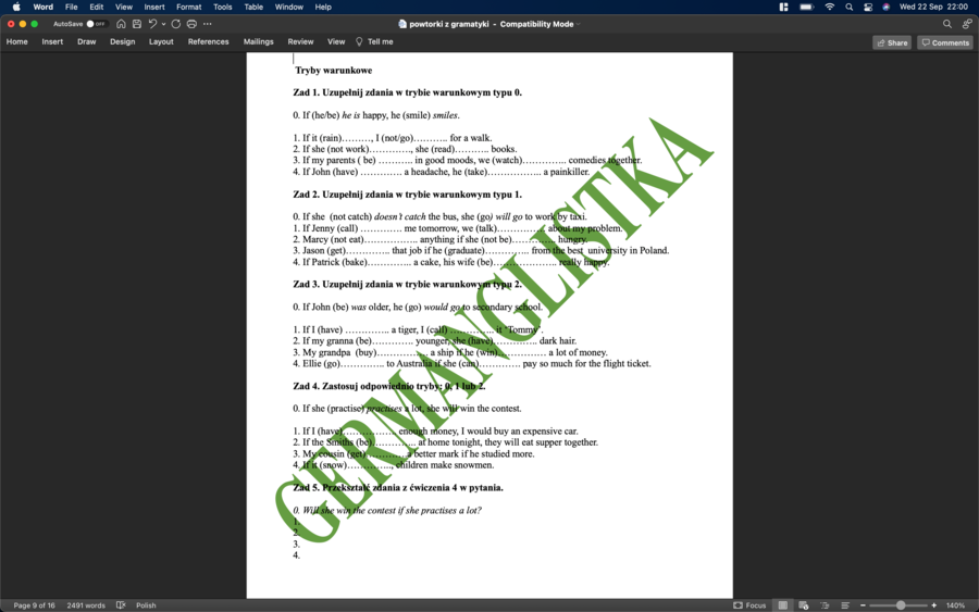 Zestaw ćwiczeń dla ósmoklasisty: pytania pośrednie, mowa zależna, tryby warunkowe, tryb rozkazujący, zdania z 2 dopełnieniami, zdania współrzędnie i podrzędnie złożone.