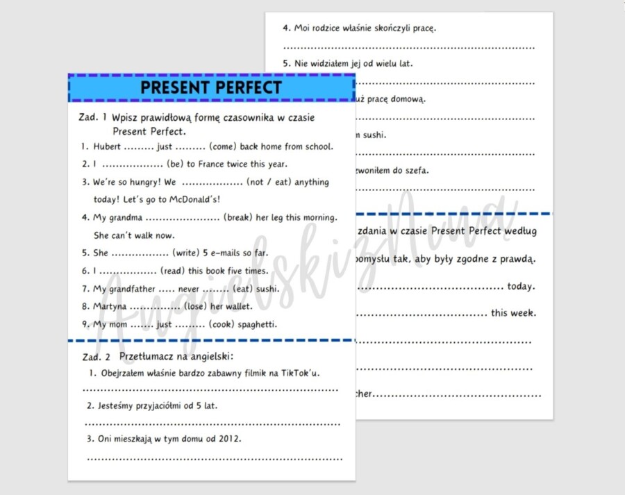 Present Perfect - ćwiczenia karta pracy powtórka egzamin ósmoklasisty matura angielski