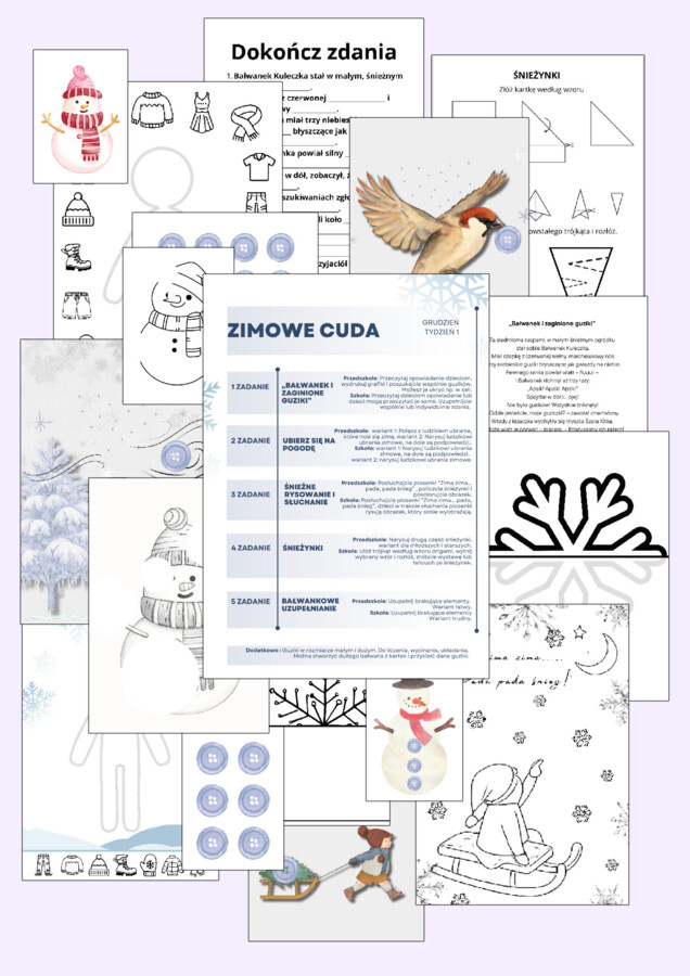 "Zimowe cuda" - opowiadanie, karty pracy, ilustracje - zadania na 5 dni!