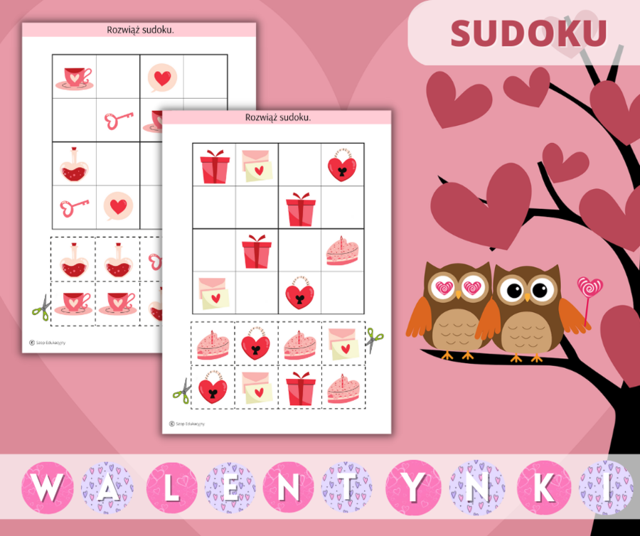 Walentynki Zestaw zadań. Puzzle. Szlaczki. Obliczenia. Labirynty. Girlanda