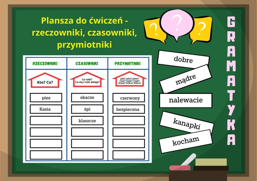 Plansza do ćwiczeń - rzeczowniki, czasowniki, przymiotniki