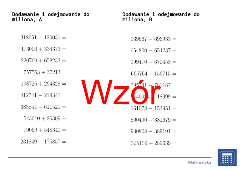 Dodawanie i odejmowanie do miliona | matematyka | 26 kolumn
