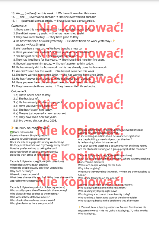 Karta pracy 🌟 Grammar in Action – ćwiczenia z Present Simple, Present Continuous i Present Perfect! 🌟 B1-B2