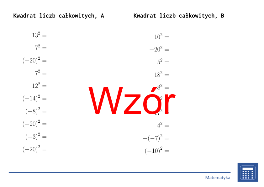 Kwadrat liczb całkowitych | matematyka | 26 kolumn