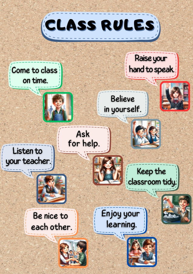 Class Rules - dekoracja na gazetkę po angielsku + wklejki do zeszytu (pdf).
