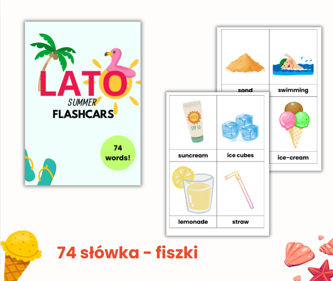 WAKACYJNE FISZKI, LATO, SUMMER, ENGLISH, PO ANGIELSKU, ANGIELSKIE FISZKI, SŁÓWKA