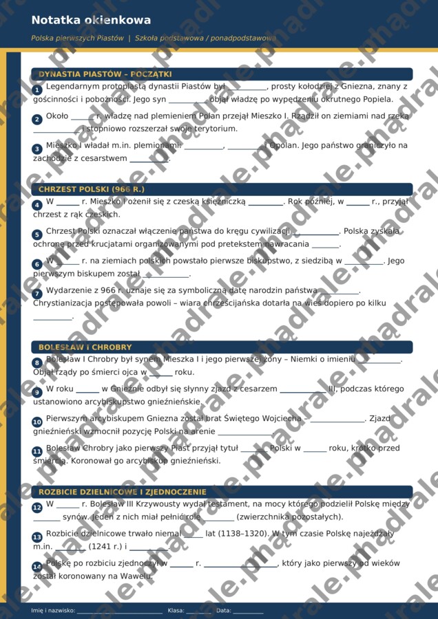 NOTATKA OKIENKOWA - POLSKA PIERWSZYCH PIASTÓW + KLUCZ ODPOWIEDZI