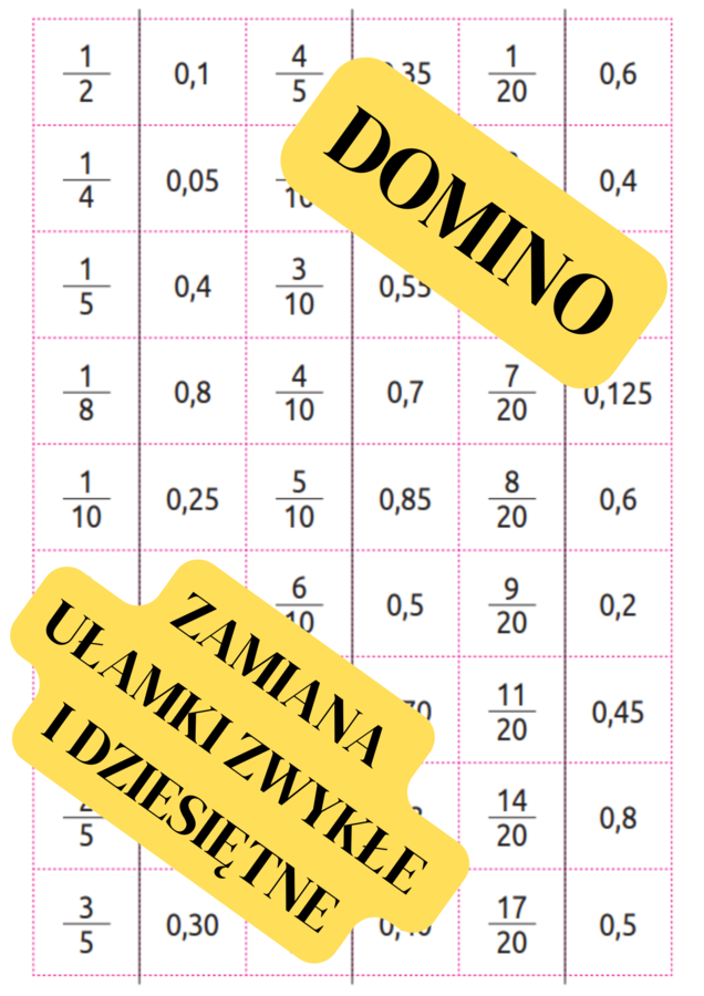 DOMINO - zamiana ułamki zwykłe i dziesiętne
