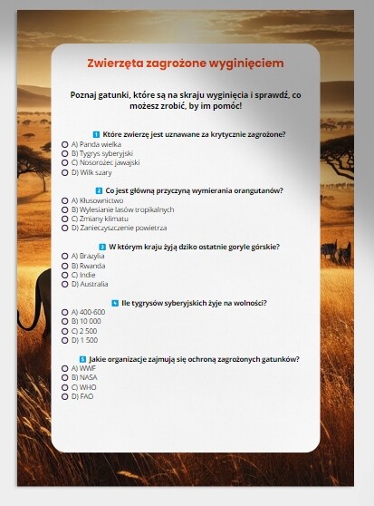 Quizy i testy wiedzy. Zwierzęta zagrożone wyginięciem. Recykling. Odnawialne źródła energii