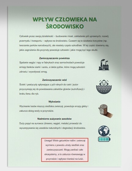 Analiza łańcuchów pokarmowych, sieci troficznych w różnych ekosystemach. Wpływ człowieka na środowisko.