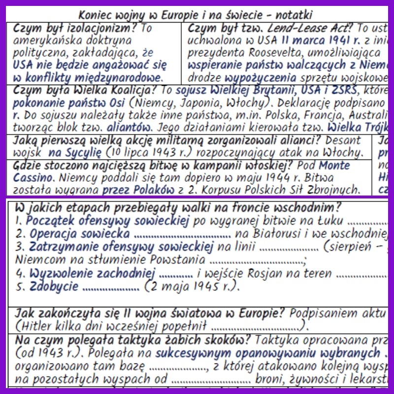 Koniec wojny w Europie i na świecie – notatki i karta pracy