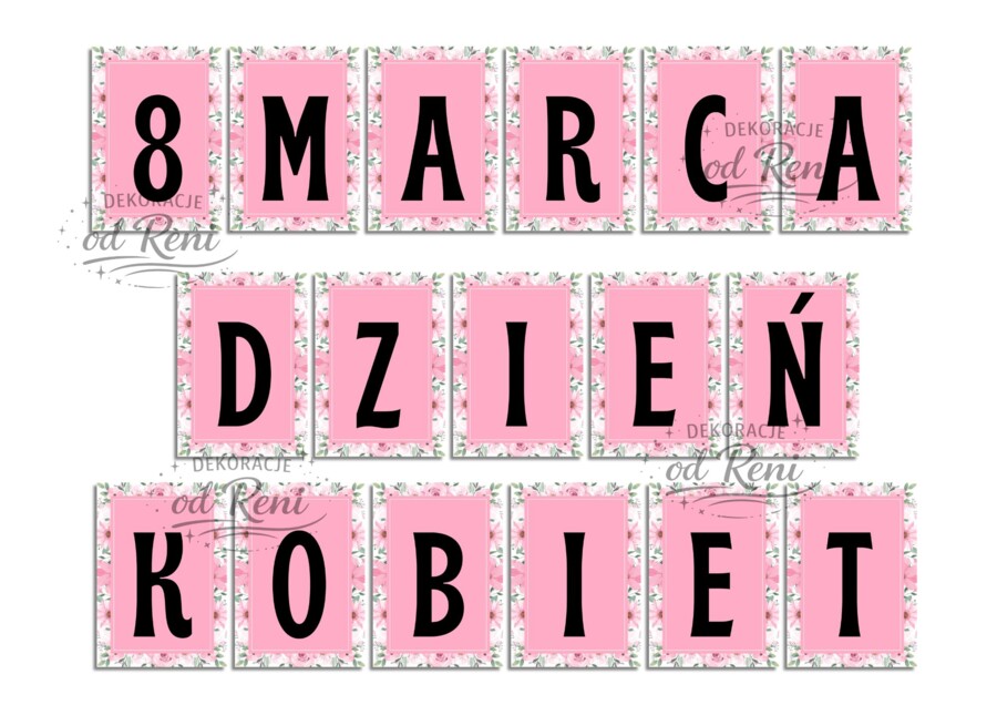 Girlanda - 8 MARCA  DZIEŃ KOBIET + 18 plansz A4 – plik PDF do druku