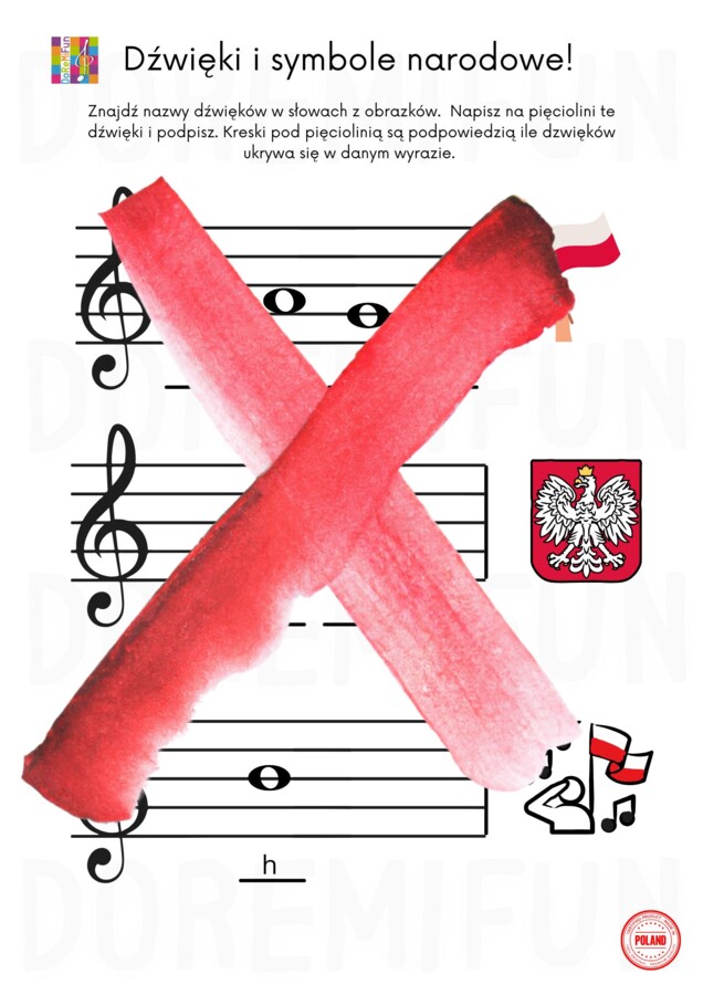 Karta pracy - nazwy dźwięków w symbolach narodowych.