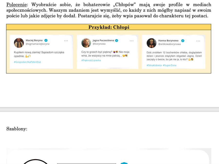 Wpisy w mediach społecznościowych - scenariusz ćwiczenia + szablon