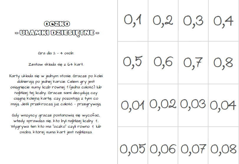 Gry - ułamki dziesiętne (czarny Piotruś, wojna, oczko, memory) klasa 4, 5, 6