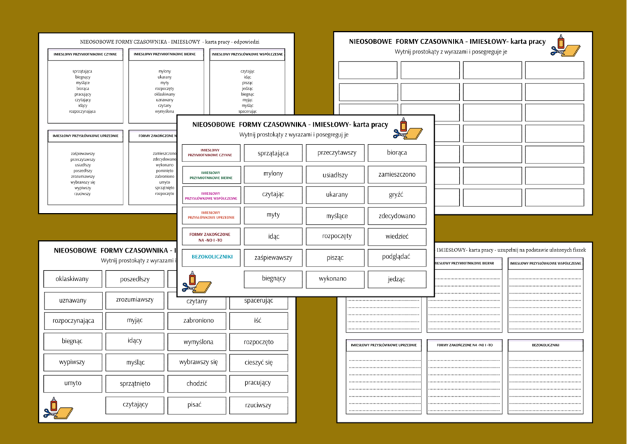 Nieosobowe formy czasowników - IMIESŁOWY - klasy 7- 8 – karta pracy – fiszki – egzamin – powtórka + odpowiedzi