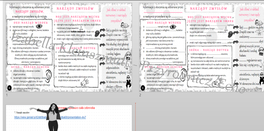Minizestaw na temat „Narządy zmysłów” – sketchnotka + karta pracy w power point + gratisowy link do prezentacji multimedialnej niekomercyjnej wykonanej w genial.ly do indywidualnego pobrania i użycia do celów niekomercyjnych. Przyroda 4, dział IV „Odkryw