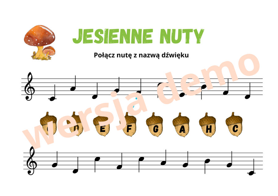 Muzyka. Nauka nut. "Jesienne nuty". Rozpoznawanie wysokości dźwięków w kluczu wiolinowym.
