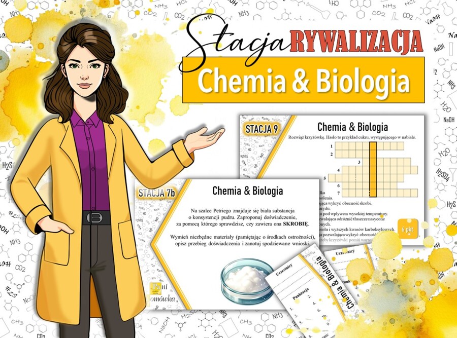 Stacja: RYWALIZACJA! Klasa 8. Chemia. Chemia & biologia. Biologia i chemia. Substancje o znaczeniu biologicznym. Między chemią a biologią. Biologia siostrą chemii. Powtórzenie wiadomości. Stacje zadaniowe. Praca grupowa. Zadanie. Gra dydaktyczna. MOC pow