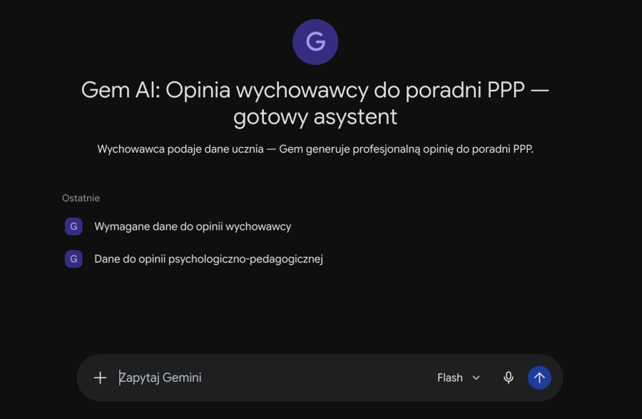 Gem AI: Opinia wychowawcy do poradni PPP — gotowy asystent | Każdy etap edukacyjny