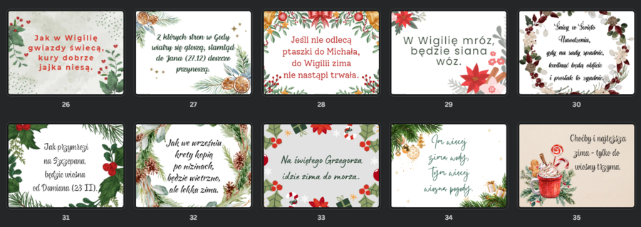 Zimowe i bożonarodzeniowe plakaty z przysłowiami