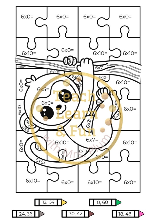 Kolorowanka matematyczna — Mnożenie x6 z wesołą małpką! 🐒